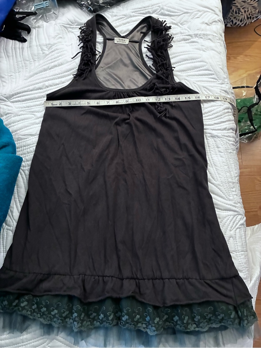 Black Racerback Tank with Fringe Shoulders and Lace-Trim Hem
